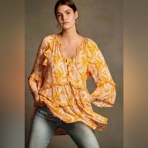 Rachel Zoe Boho Yellow Pink Ruffled Floral Print Mini Dress